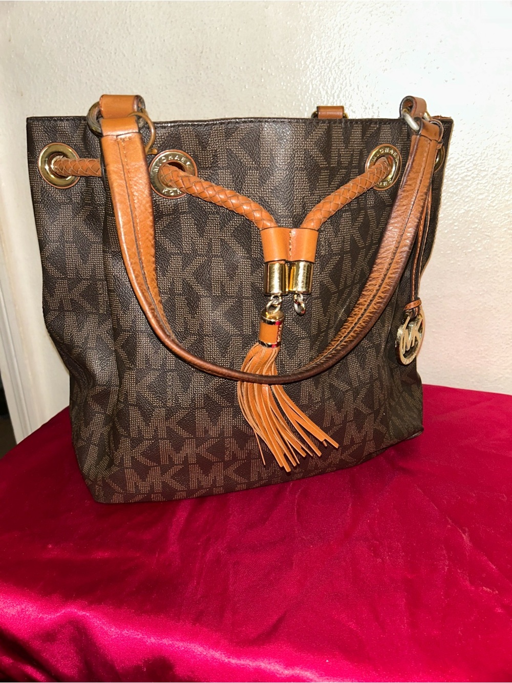 Michael Kors Brown Monogram Shoulder Tote with Tan Trim and Tassel